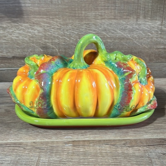 Vtg Essential Home Pumpkin Covered Butter Dish Ceramic Harvest Fall Thanksgiving - Picture 4 of 12